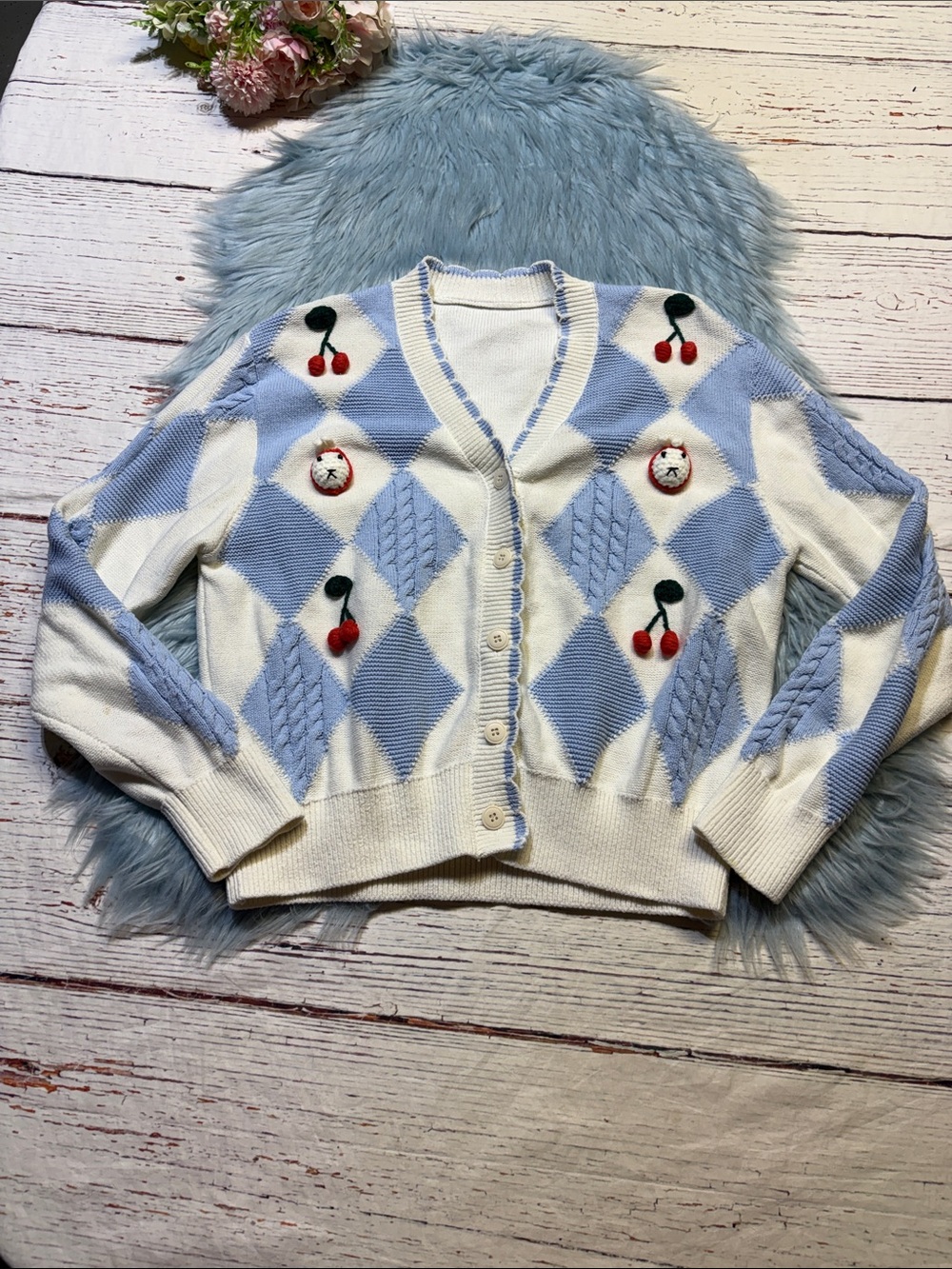 Ledin Blue & White Argyle Cherry Embroidered Cardigan Sweater sz S